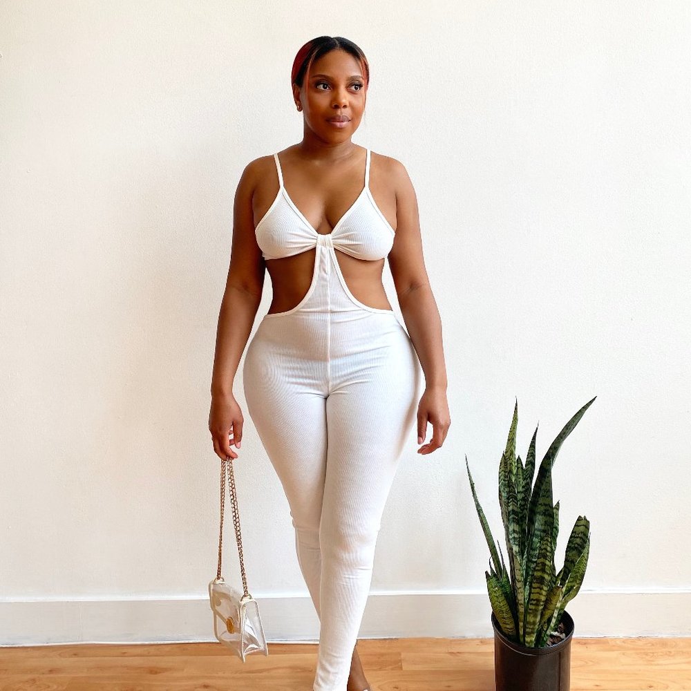Drawn In Ribbed Cutout Jumpsuit in White